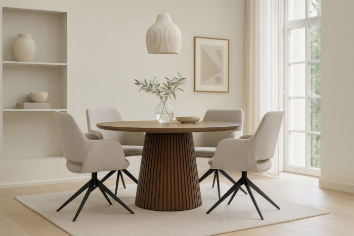Olivia uttrekksbord i røkt eik med Ane spisestoler med sving i beige fra Oakland, vist i et lyst og nordisk miljø.