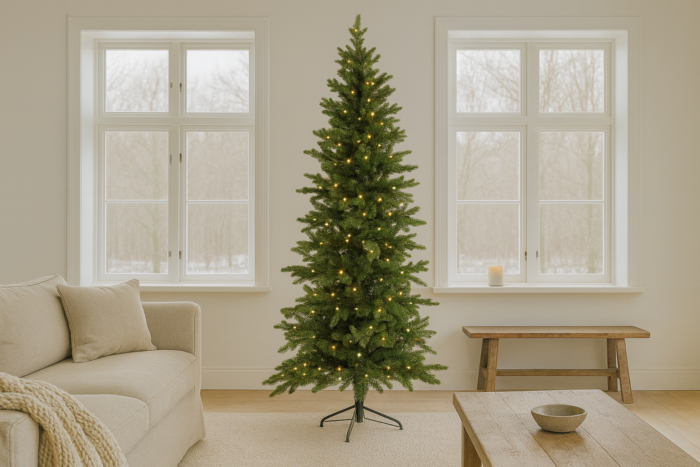Miljøbilde av Oakland Norefjell juletre 210 cm med varmhvite LED-lys. Det naturtro, slanke treet står i en lys stue med minimalistisk interiør og skaper en moderne og stemningsfull julestemning.