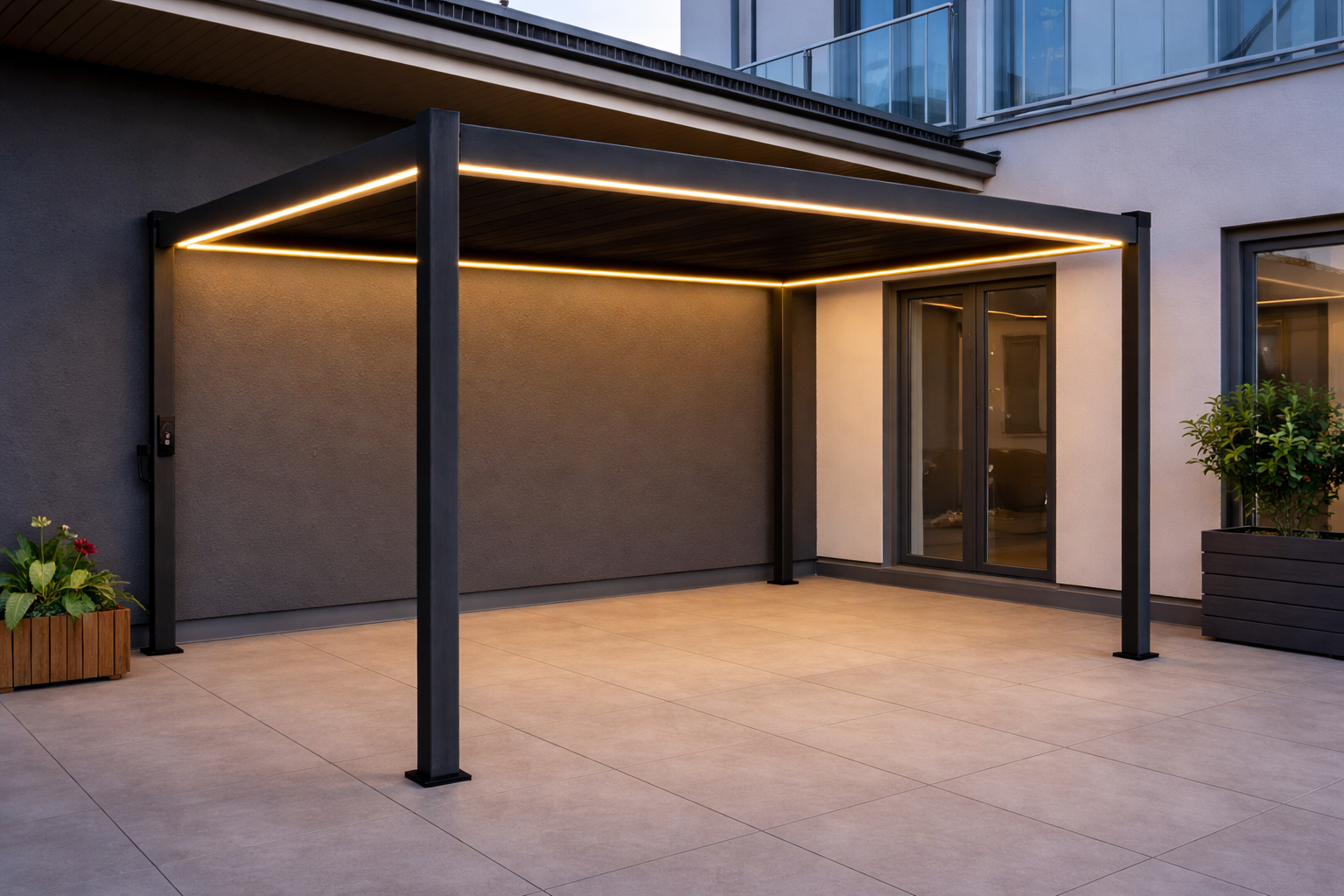 Oakland Sicilia pergola 3x4 med integrert LED-belysning på moderne terrasse